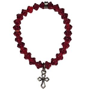 Rosary Prayer Red Beaded Silver Tone Cross Charm Bracelet Religious Jewelry